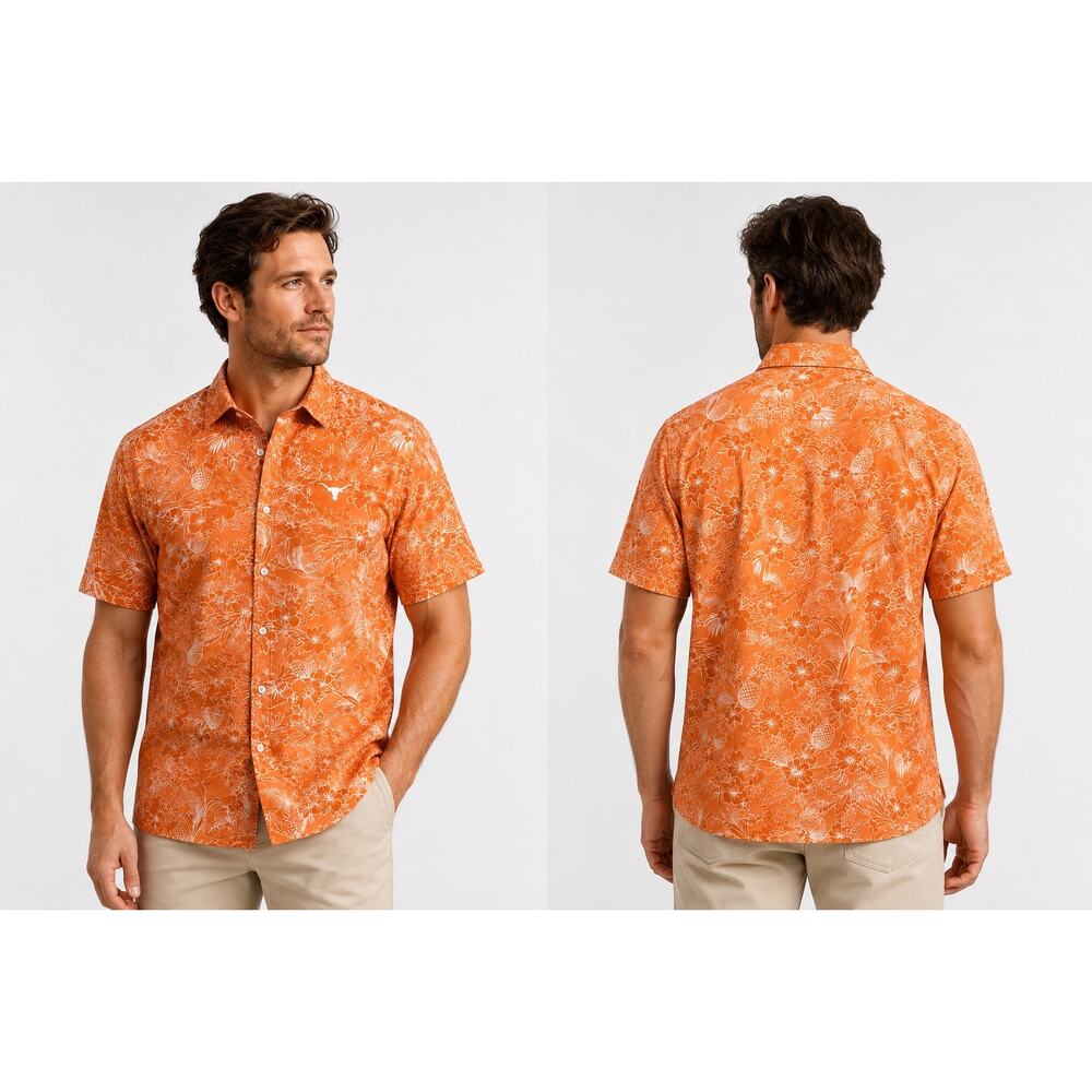 Tommy Bahama Texas Longhorns Hawaiian Cotton Camp Shirt Orange/White — Size 2XL - Picture 8 of 8